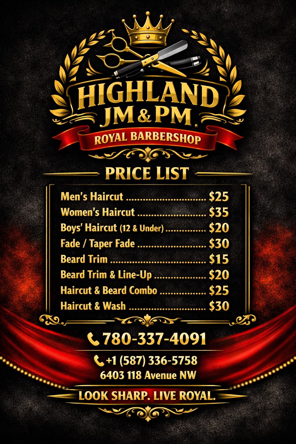 Highland Royal JM & PM Barbershop official price list